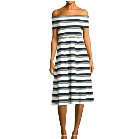 Derek Lam 10 Crosby Off Shoulder Fit & Flare Striped Midi Dress Navy White XS - Picture 1 of 5